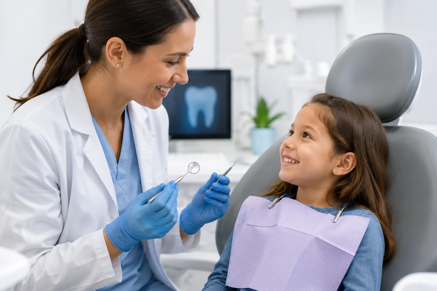dentist examining young girl during first dental appointment