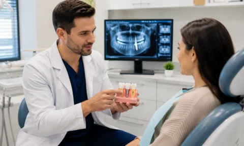 Dentist explaining dental implant treatment options to a patient during implant consultation